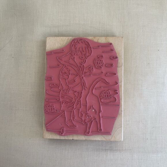 Stamps Happen Boy Toddler In Navy Costume With Cat wood mount rubber stamp 80054 - Picture 2 of 5